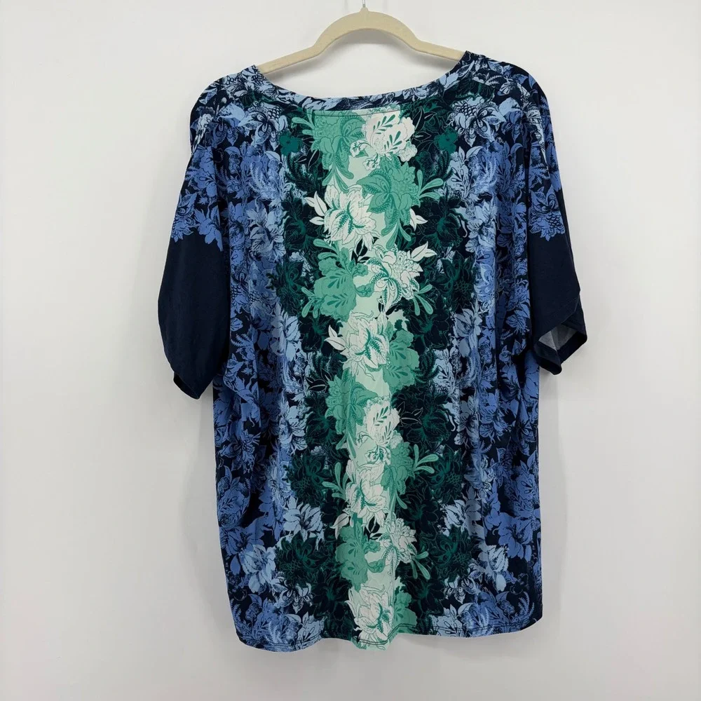 JM Collection Womens L‎ Blue Floral Mosaic Top Split Sleeve V-Neck Blouse NEW